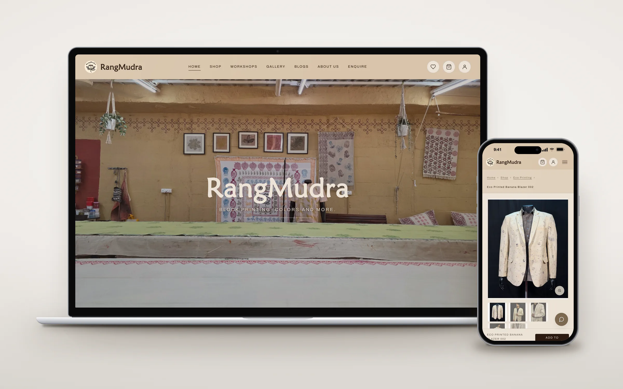 RangMudra block-printing studio website shown on a laptop and a phone