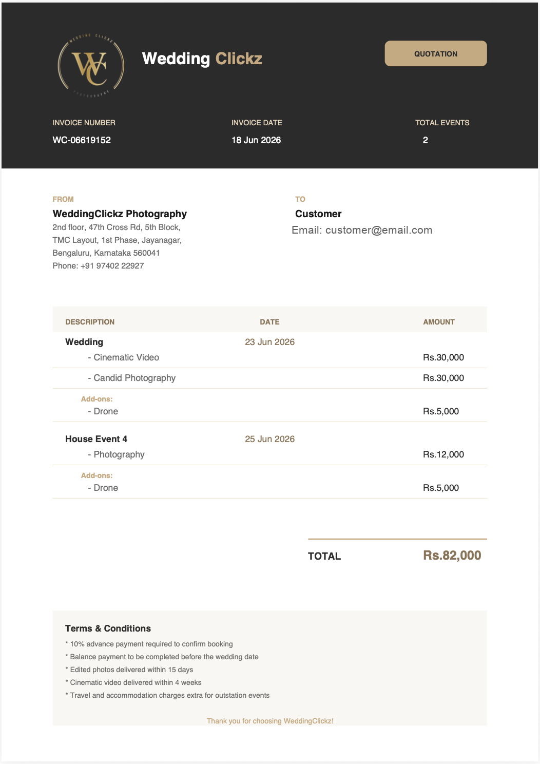 The auto-generated WeddingClickz quotation, emailed to the couple