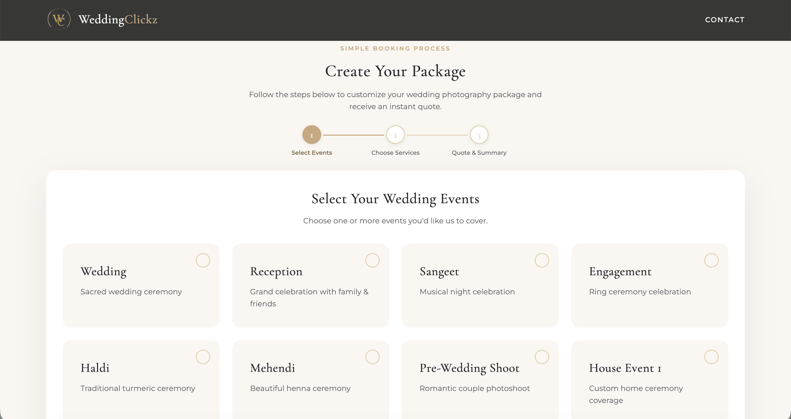 Step 1, selecting the wedding events to cover